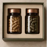 Custom supplement bottle set packaging — Lift-off lid — Product & insert
